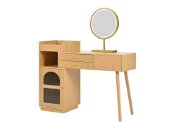 Kaptafel Met Spiegel En Led-Verlichting - 3 Lades En Een Zijkastje - Naturel (Kruk Niet Inbegrepen)-ModernLuxe Sale