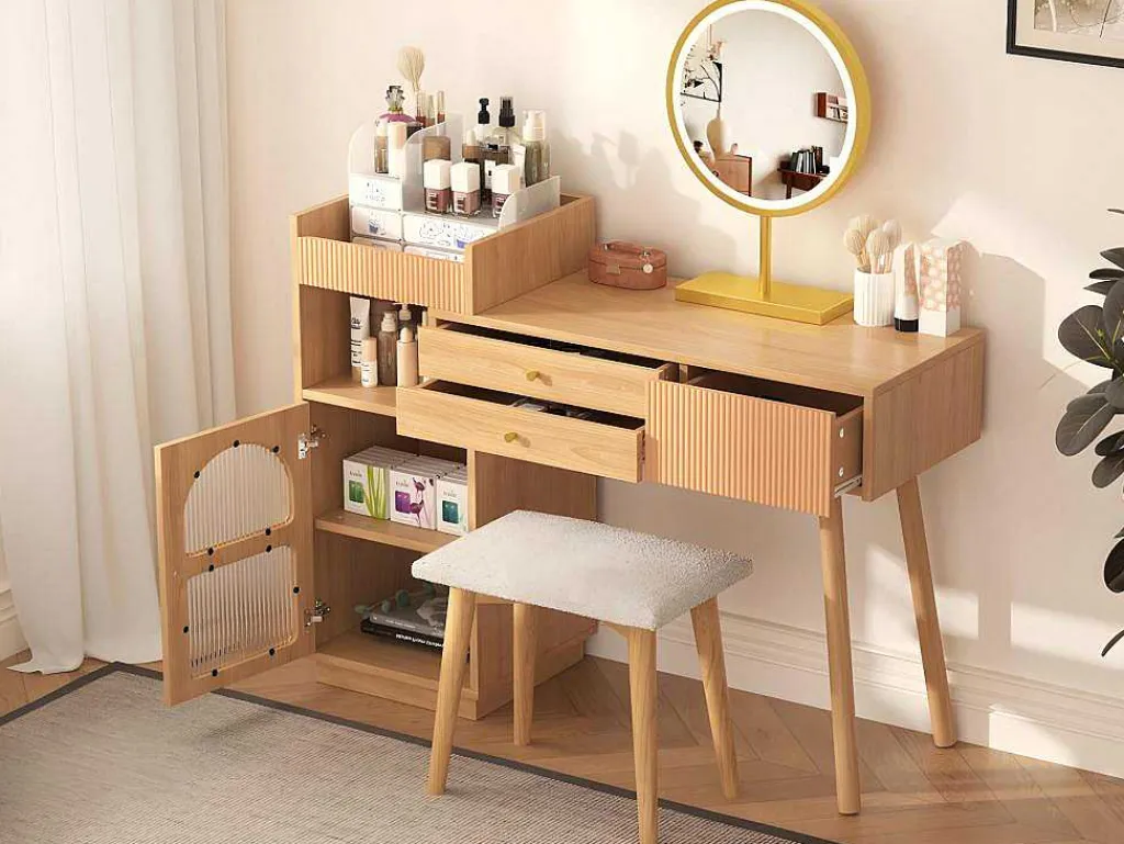 Kaptafel Met Spiegel En Led-Verlichting - 3 Lades En Een Zijkastje - Naturel (Kruk Niet Inbegrepen)-ModernLuxe Sale