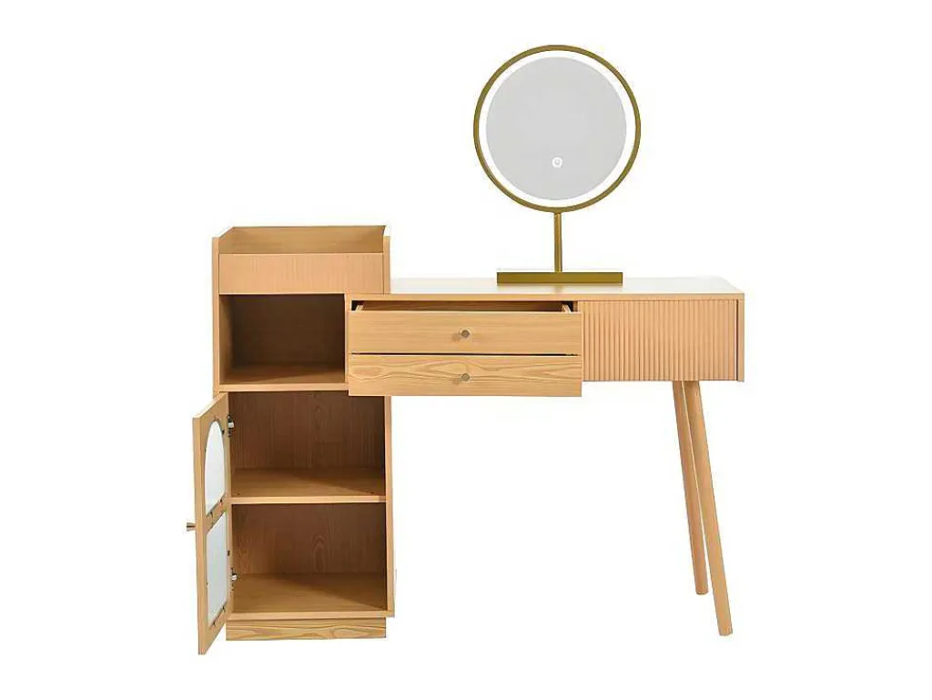 Kaptafel Met Spiegel En Led-Verlichting - 3 Lades En Een Zijkastje - Naturel (Kruk Niet Inbegrepen)-ModernLuxe Sale