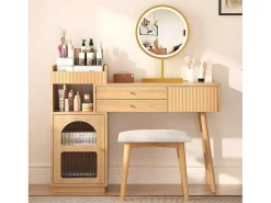 Kaptafel Met Spiegel En Led-Verlichting - 3 Lades En Een Zijkastje - Naturel (Kruk Niet Inbegrepen)-ModernLuxe Sale