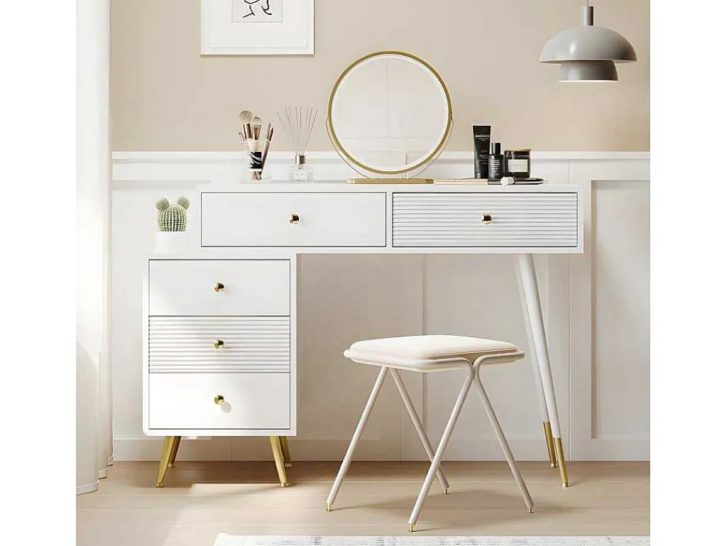 Kaptafel Met Spiegel En Led-Verlichting - 2 Lades En Een Uitneembare Kast - Wit (Kruk Niet Inbegrepen)-ModernLuxe Clearance