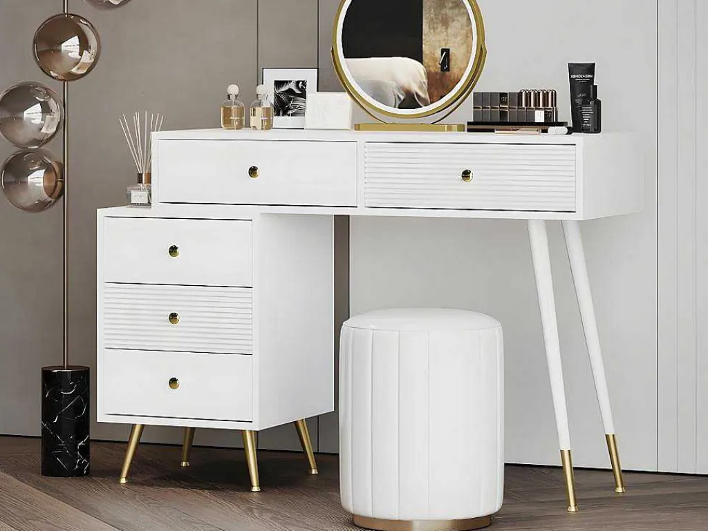 Kaptafel Met Spiegel En Led-Verlichting - 2 Lades En Een Uitneembare Kast - Wit (Kruk Niet Inbegrepen)-ModernLuxe Clearance