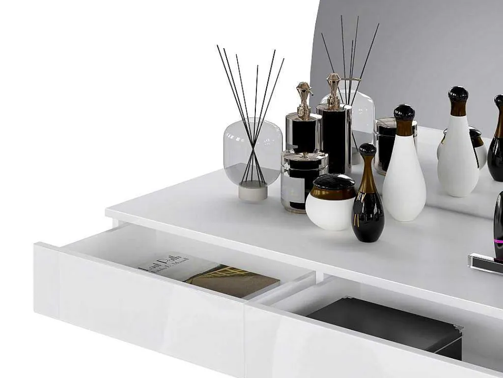 Kaptafel Met Spiegel En Ledverlichting - 2 Lades - Glanzend Wit - Jineza-Vente-unique Outlet