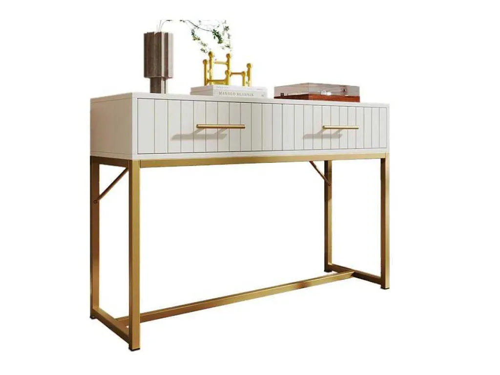 Kaptafel Versierd Met Verticale Strepen - H 75 Cm - Met 2 Laden En Metalen Onderstel - Wit-ModernLuxe Sale