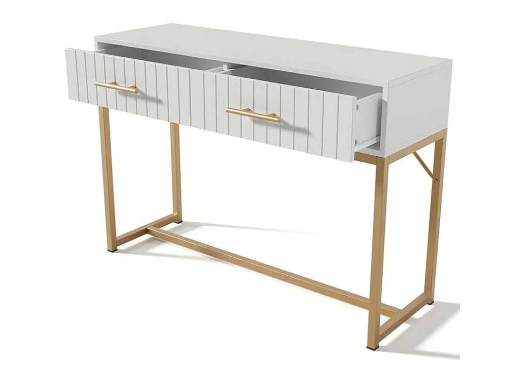Kaptafel Versierd Met Verticale Strepen - H 75 Cm - Met 2 Laden En Metalen Onderstel - Wit-ModernLuxe Sale