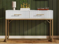 Kaptafel Versierd Met Verticale Strepen - H 75 Cm - Met 2 Laden En Metalen Onderstel - Wit-ModernLuxe Sale
