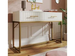 Kaptafel Versierd Met Verticale Strepen - H 75 Cm - Met 2 Laden En Metalen Onderstel - Wit-ModernLuxe Sale