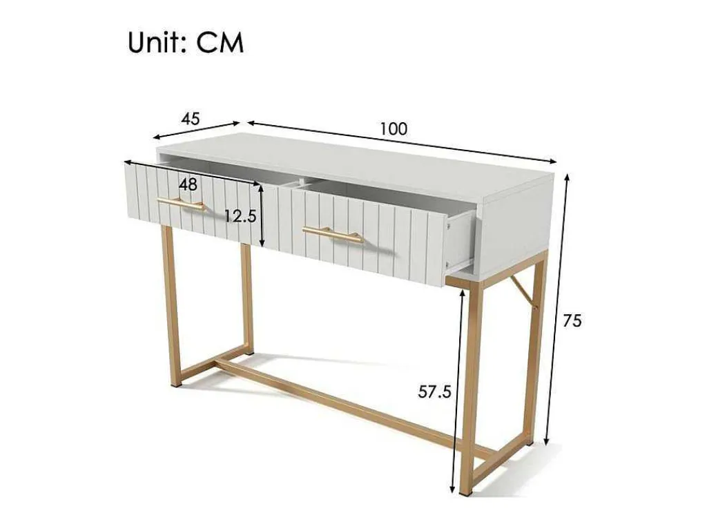 Kaptafel Versierd Met Verticale Strepen - H 75 Cm - Met 2 Laden En Metalen Onderstel - Wit-ModernLuxe Sale