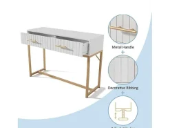 Kaptafel Versierd Met Verticale Strepen - H 75 Cm - Met 2 Laden En Metalen Onderstel - Wit-ModernLuxe Sale