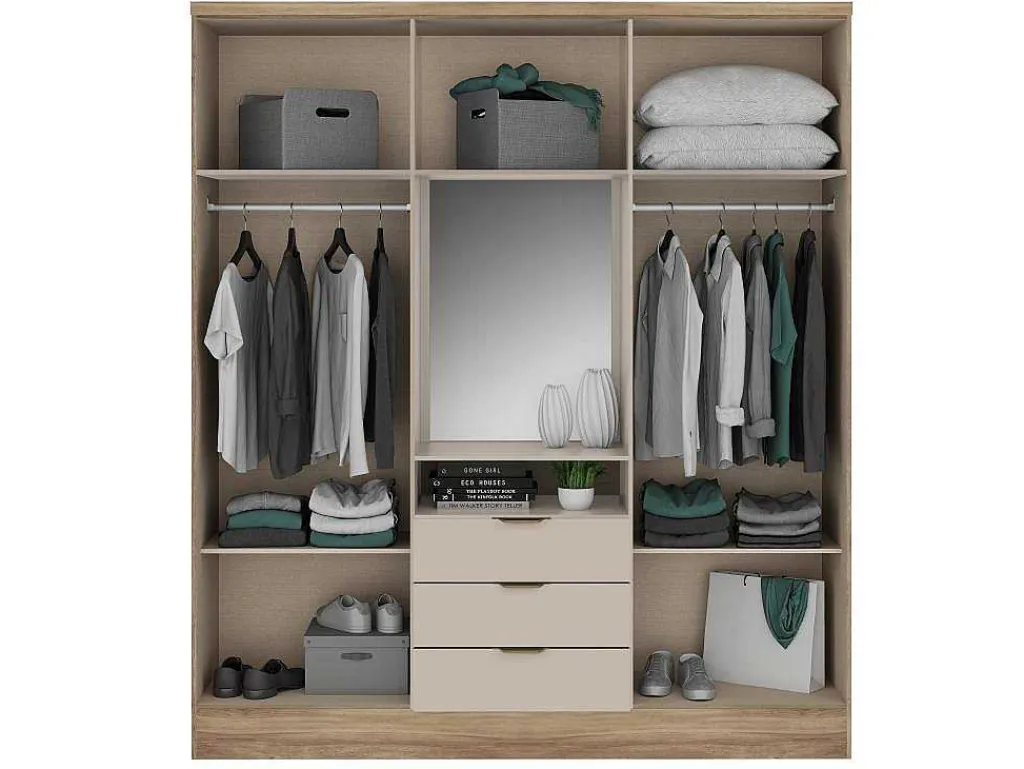 Kast Met 6 Deuren En 3 Lades - Met Spiegel - L180 Cm - Kleur: Naturel En Beige - Elorio-Vente-unique Hot