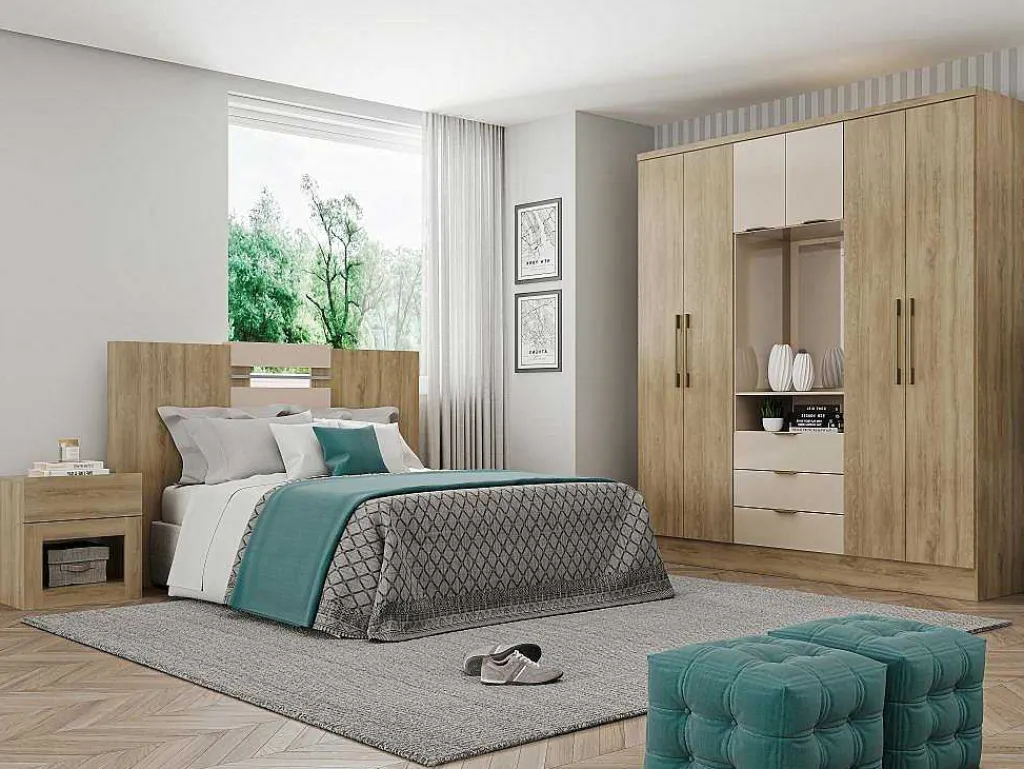 Kast Met 6 Deuren En 3 Lades - Met Spiegel - L180 Cm - Kleur: Naturel En Beige - Elorio-Vente-unique Hot