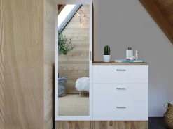 Kast Met 3 Lades En Element Met Spiegel - Wit En Houtlook - Vitorio-Vente-unique Outlet