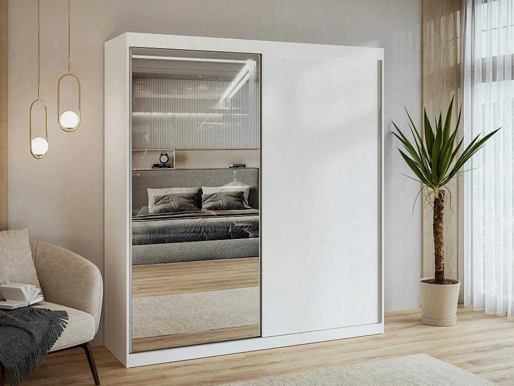Kast Met 2 Schuifdeuren - Met Spiegel - L200 Cm - Wit - Ochira-Vente-unique Clearance