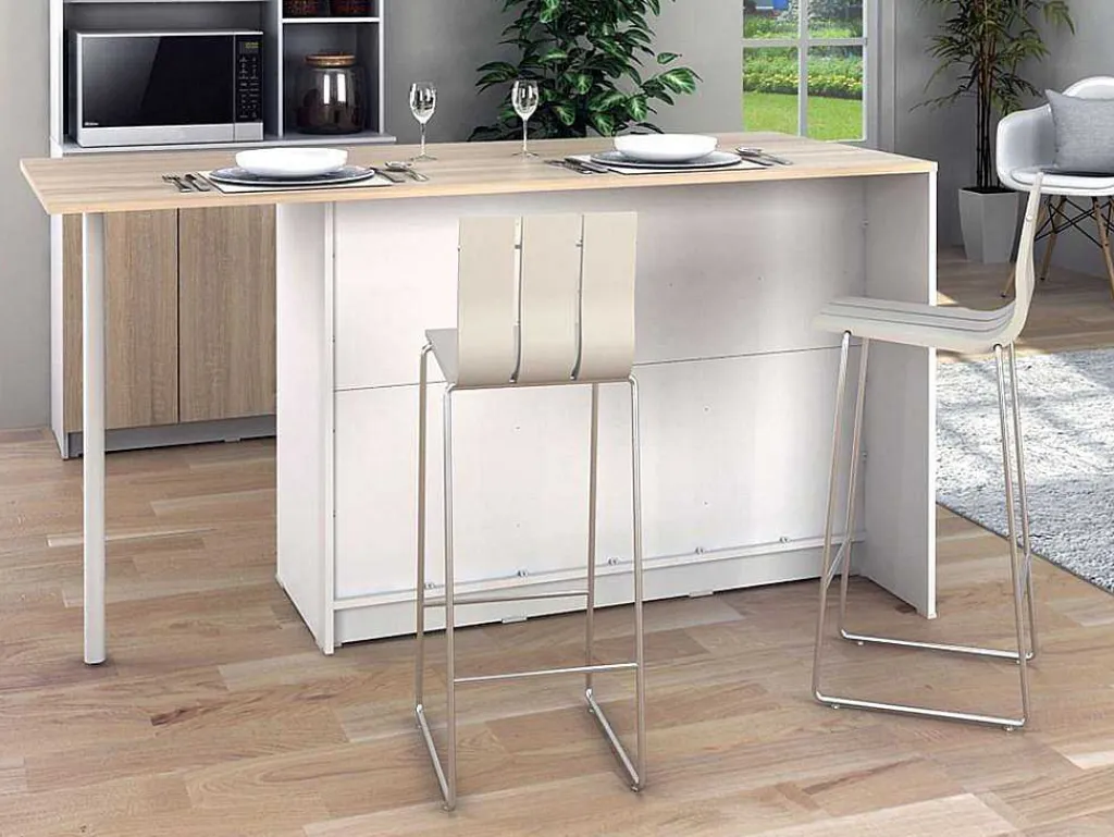 Keukeneiland Met 2 Deuren, 1 Lade En 2 Nissen - Wit En Licht Naturel - Tunori-Vente-unique Online