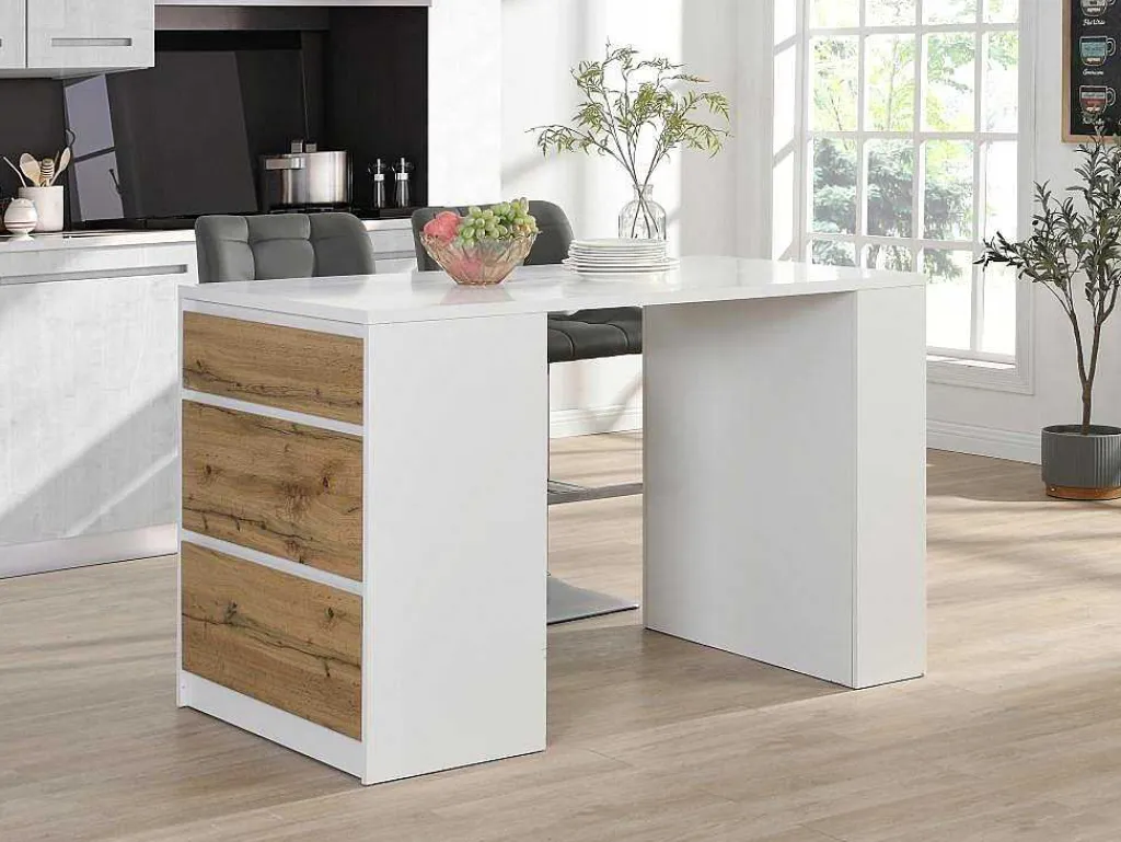 Keukeneiland Met 3 Lades En 8 Nissen Van Mdf - Licht Naturel En Wit - Palestrina-Vente-unique