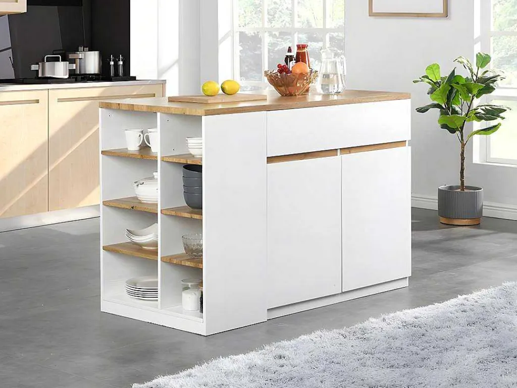 Keukeneiland Met Opbergruimte Meili - Wit En Eiken-Vente-unique Discount