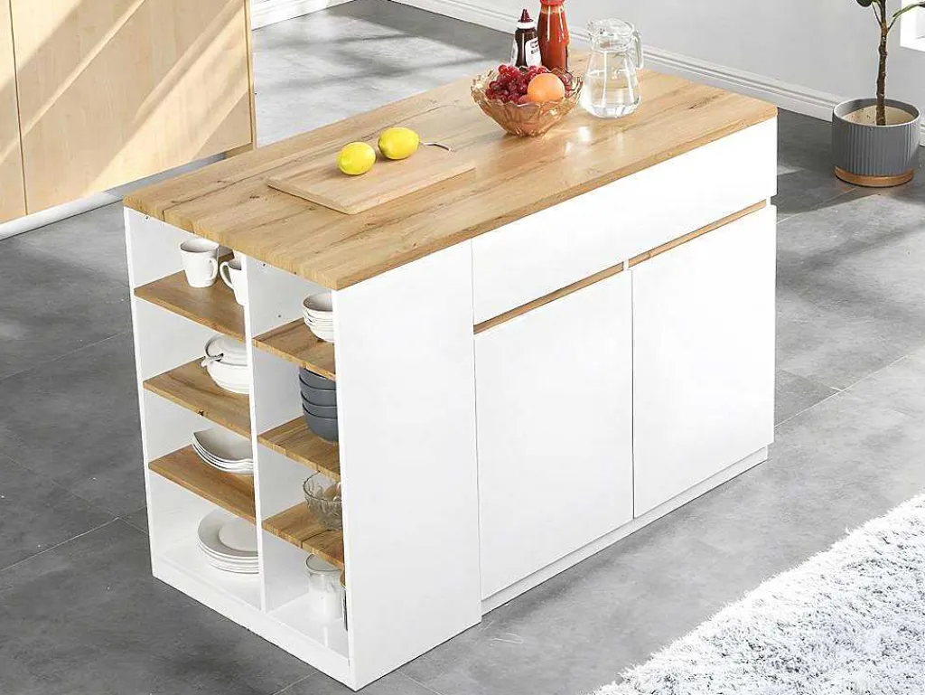 Keukeneiland Met Opbergruimte Meili - Wit En Eiken-Vente-unique Discount