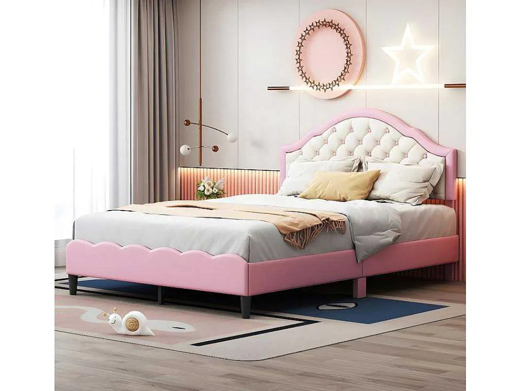 Kinderbed 140X200Cm Met Gewatteerde Rugleuning In Kunstleer - Lattenbodem - Roze-ModernLuxe Hot