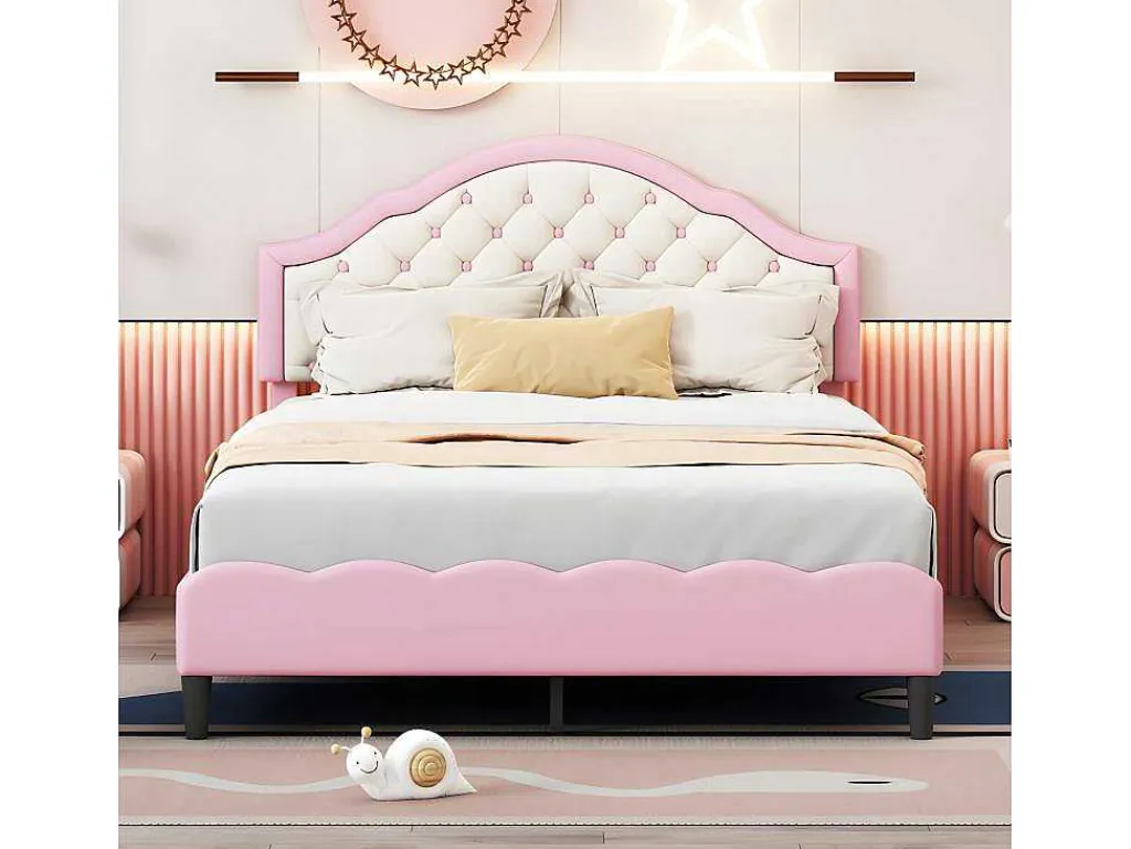 Kinderbed 140X200Cm Met Gewatteerde Rugleuning In Kunstleer - Lattenbodem - Roze-ModernLuxe Hot