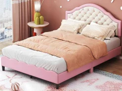 Kinderbed 140X200Cm Met Gewatteerde Rugleuning In Kunstleer - Lattenbodem - Roze-ModernLuxe Hot