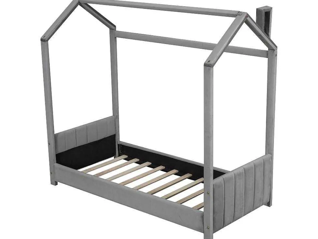 Kinderhutbed 90X200Cm In Fluweel - Lattenbodem - Grijs-ModernLuxe Discount