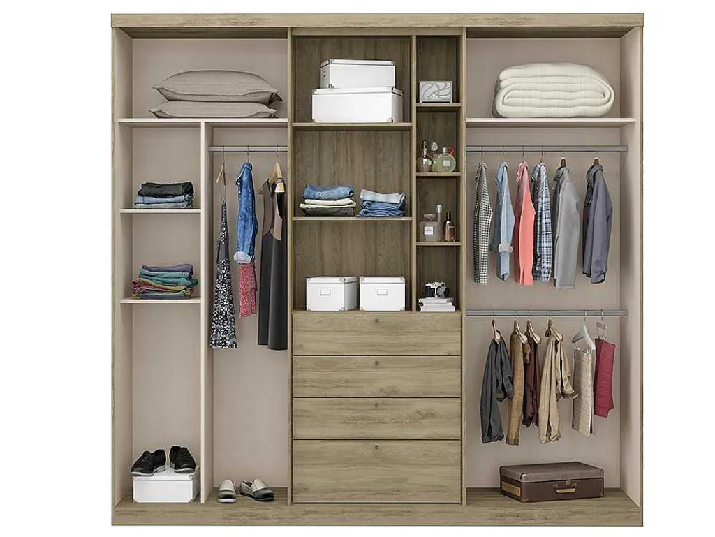 Kledingkast - Schuifdeuren - Spiegel En Laden - L240 Cm - Naturel En Ivoorkleur - Bodil Ii-Vente-unique Best