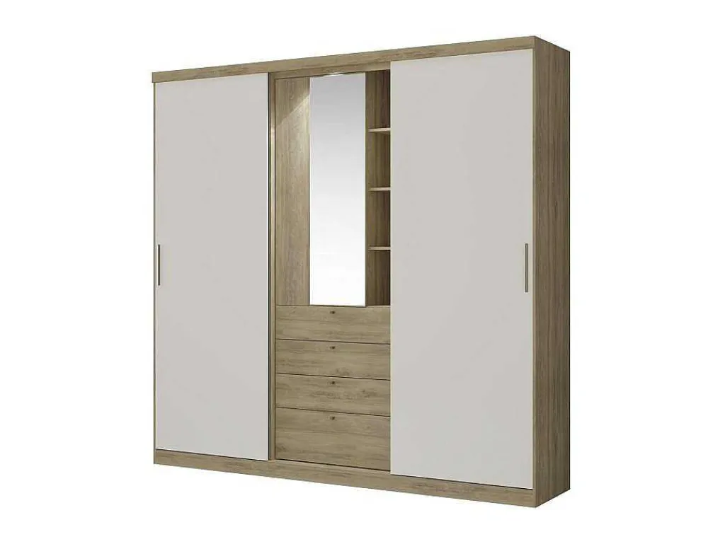 Kledingkast - Schuifdeuren - Spiegel En Laden - L240 Cm - Naturel En Ivoorkleur - Bodil Ii-Vente-unique Best