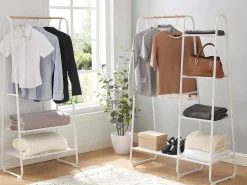 Kledingrek - L64 Cm - Wit Metaal En Beukenhout - Dogu-Vente-unique New