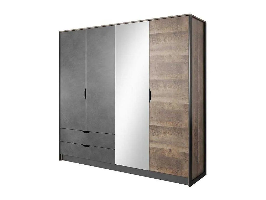 Kleerkast 4 Deuren En 2 Laden - Met Spiegel - L220 Cm - Kleur: Naturel En Antraciet - Laonile-Vente-unique