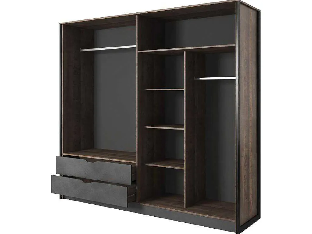 Kleerkast 4 Deuren En 2 Laden - Met Spiegel - L220 Cm - Kleur: Naturel En Antraciet - Laonile-Vente-unique