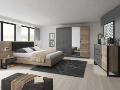 Kleerkast 4 Deuren En 2 Laden - Met Spiegel - L220 Cm - Kleur: Naturel En Antraciet - Laonile-Vente-unique