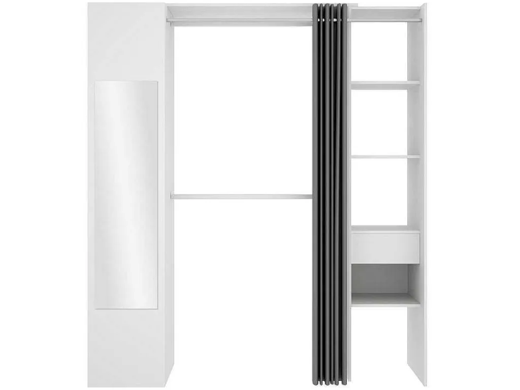 Kleerkast Met Gordijn En 1 Deur - Met Spiegel - L177 Cm - Wit En Grijs - Bertrand-Vente-unique Sale