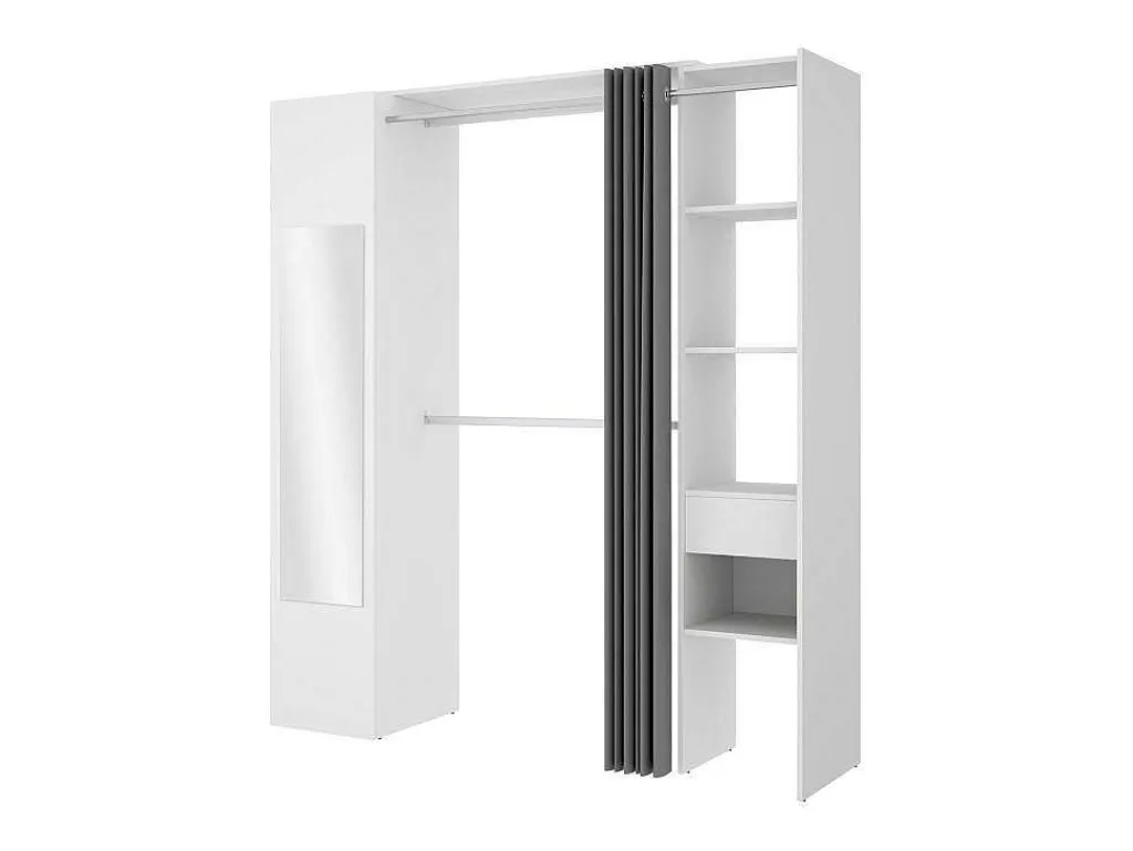 Kleerkast Met Gordijn En 1 Deur - Met Spiegel - L177 Cm - Wit En Grijs - Bertrand-Vente-unique Sale