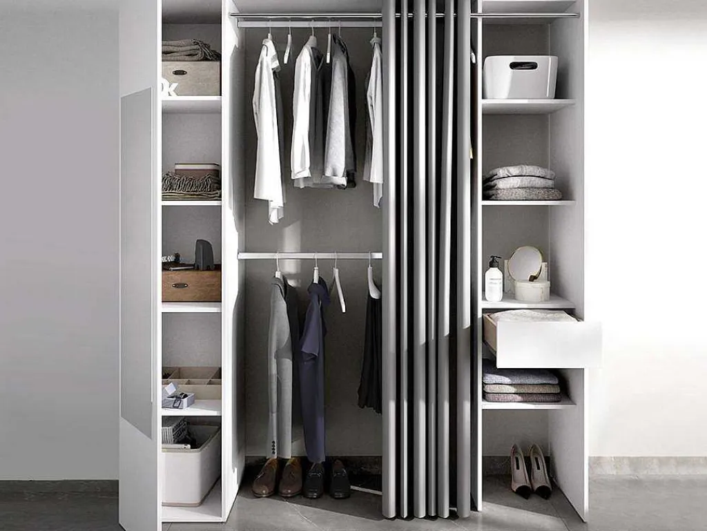 Kleerkast Met Gordijn En 1 Deur - Met Spiegel - L177 Cm - Wit En Grijs - Bertrand-Vente-unique Sale