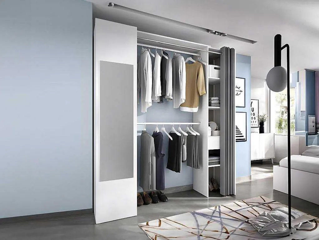 Kleerkast Met Gordijn En 1 Deur - Met Spiegel - L177 Cm - Wit En Grijs - Bertrand-Vente-unique Sale