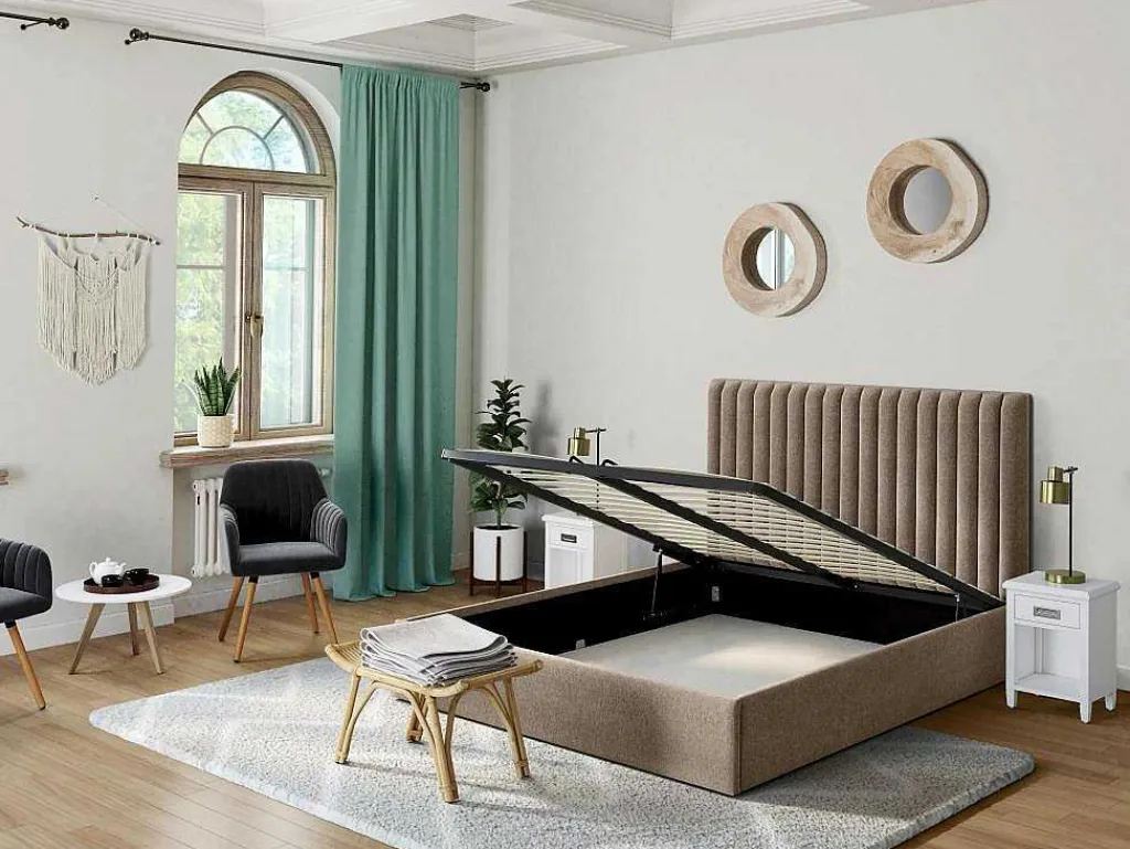 Kofferbed En Hoofdeinde Met Verticale Stiksels - 180 X 200 Cm - Stof - Beige - Sarah-Vente-unique Clearance