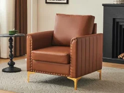 Kunstleren Chesterfield Fauteuil Met Dik Kussen - Goud Metalen Poten - Bruin-ModernLuxe Best
