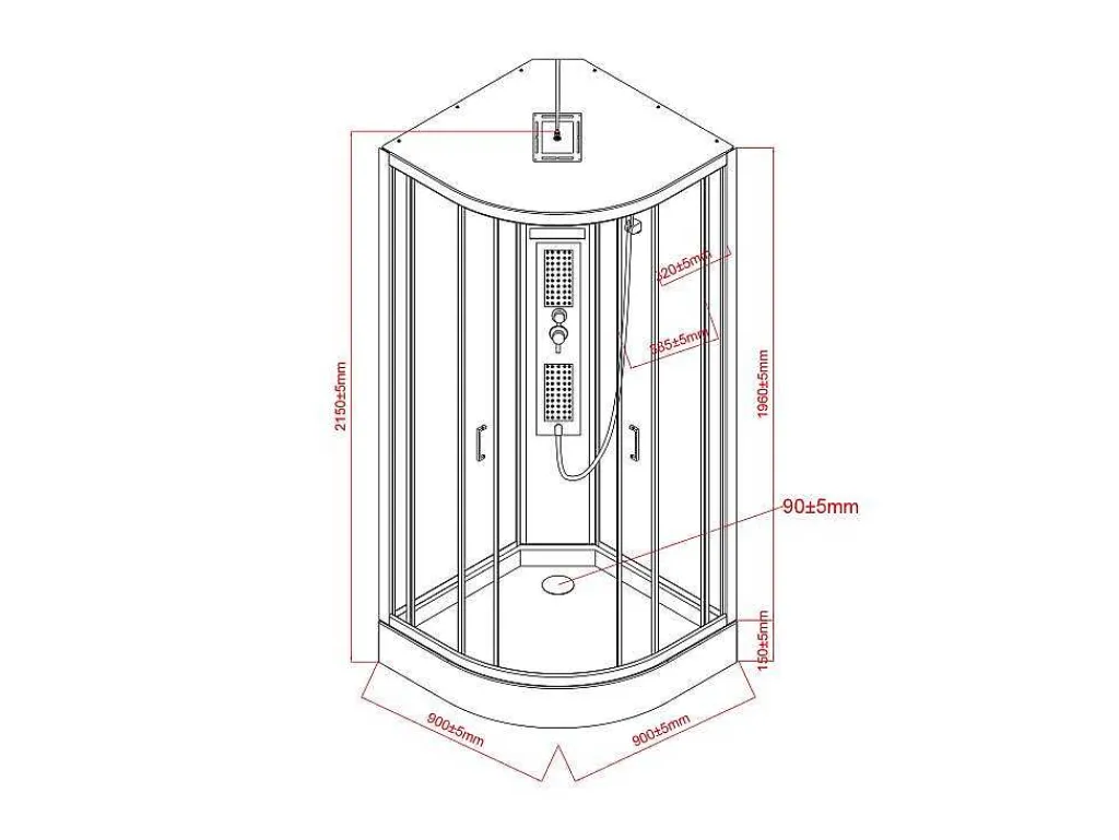 Kwartcirkelvormige Douchecabine Met Massagestralen L90 X B90 X H215 Cm Solena-Shower & Design