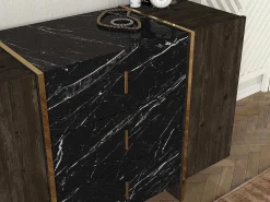 Ladekast 3 Lades En 2 Deurtjes - Zwarte Marmerlook, Donkere Houtlook En Goudkleurig - Cadeba-Vente-unique Best