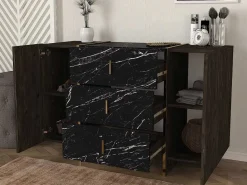 Ladekast 3 Lades En 2 Deurtjes - Zwarte Marmerlook, Donkere Houtlook En Goudkleurig - Cadeba-Vente-unique Best