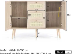 Ladekast 120 X 82 X 40 Cm Met 2 Deuren En 3 Laden In Rotan En Sonoma Eiken, Verstelbare Plank, Beige-Vente-unique Clearance