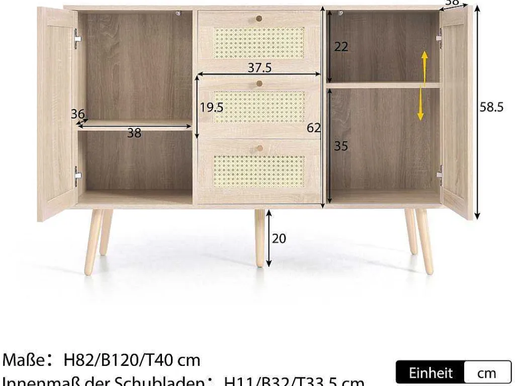 Ladekast 120 X 82 X 40 Cm Met 2 Deuren En 3 Laden In Rotan En Sonoma Eiken, Verstelbare Plank, Beige-Vente-unique Clearance