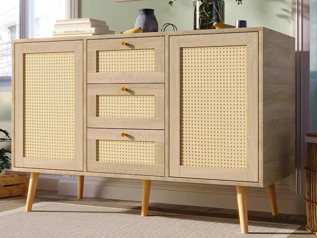 Ladekast 120 X 82 X 40 Cm Met 2 Deuren En 3 Laden In Rotan En Sonoma Eiken, Verstelbare Plank, Beige-Vente-unique Clearance