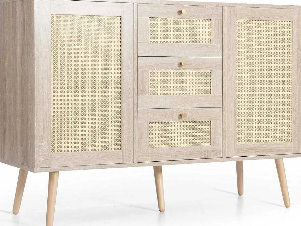 Ladekast 120 X 82 X 40 Cm Met 2 Deuren En 3 Laden In Rotan En Sonoma Eiken, Verstelbare Plank, Beige-Vente-unique Clearance