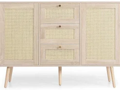 Ladekast 120 X 82 X 40 Cm Met 2 Deuren En 3 Laden In Rotan En Sonoma Eiken, Verstelbare Plank, Beige-Vente-unique Clearance