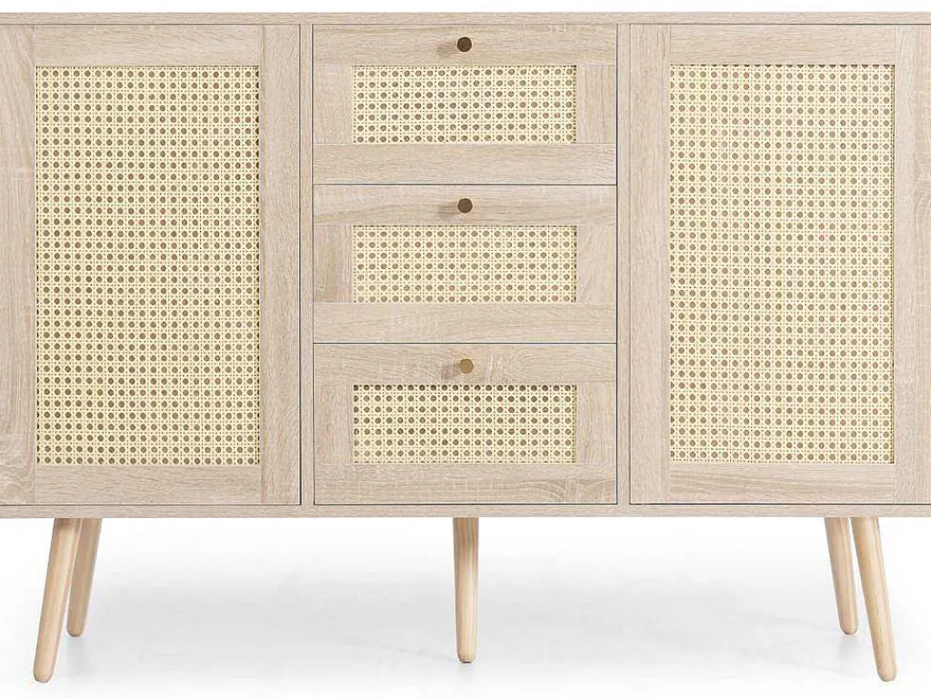 Ladekast 120 X 82 X 40 Cm Met 2 Deuren En 3 Laden In Rotan En Sonoma Eiken, Verstelbare Plank, Beige-Vente-unique Clearance