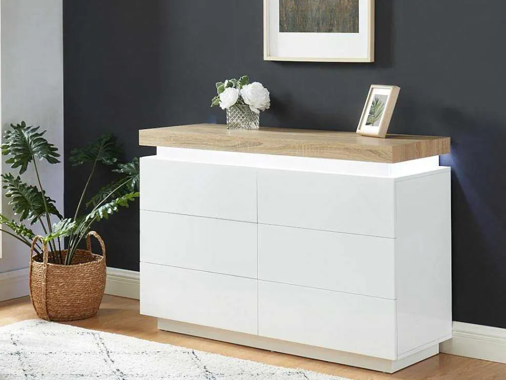 Ladekast Halo Ii - 6 Lades - Gelakt Mdf - Met Ledverlichting - Kleur: Wit En Eiken-Vente-unique Sale
