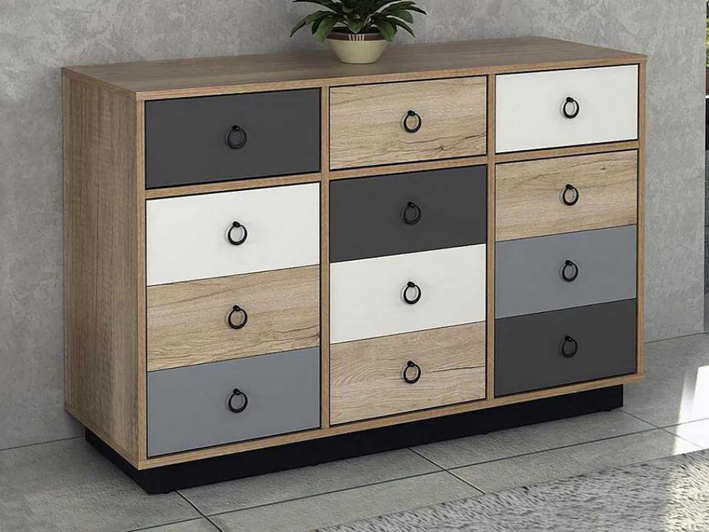 Ladekast Krypton - 3 Lades En 3 Deuren - Kleuren: Eiken, Wit En Grijs-Vente-unique Outlet