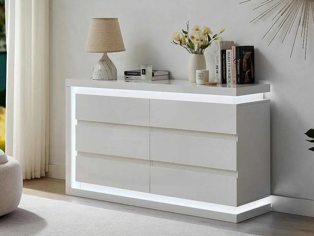 Ladekast Met 6 Lades - Met Ledverlichting - Mdf - Wit Gelakt - Flarancia-Vente-unique Hot