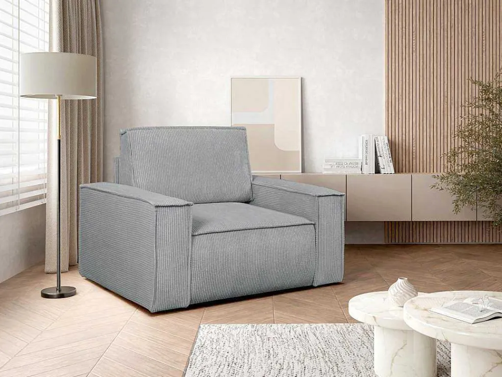 Lichtgrijze Ribfluwelen Fauteuil Amelia-Vente-unique New